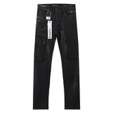 Purple‑Brand Coated Black Cargo Straight Leg Jeans