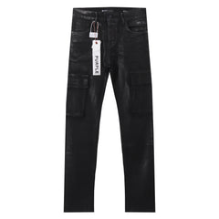 Purple‑Brand Coated Black Cargo Straight Leg Jeans