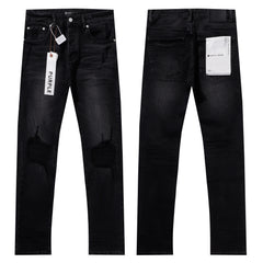 Purple‑Brand Black Washed Knee Ripped Straight Leg Jeans