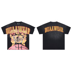 DUAAWEAR Flame Basketball Hoop Vintage Distressed Washed T-Shirt