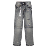 Purple‑Brand Vintage Wash Multi‑Ripped Frayed Seam Patch Wide Leg Jeans