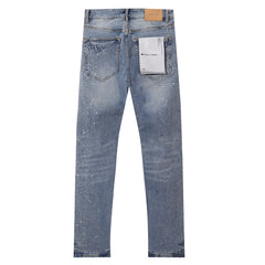Purple‑Brand Light Wash Full Rhinestone Patch Distressed Straight Leg Jeans