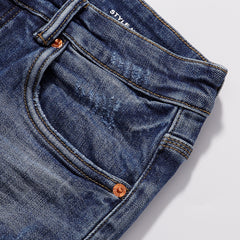Purple‑Brand Medium‑Blue Multi Frayed Rip Distressed Straight Leg Jeans