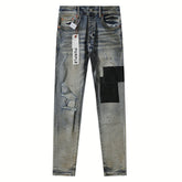 Purple‑Brand Vintage Wash Black Patch Ripped Splatter Straight Leg Jeans
