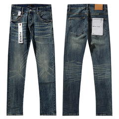 Purple‑Brand Vintage Blue Heavy Hand Whisker Crease Straight Leg Jeans