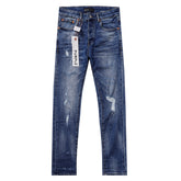 Purple‑Brand Medium‑Blue Multi Frayed Rip Distressed Straight Leg Jeans