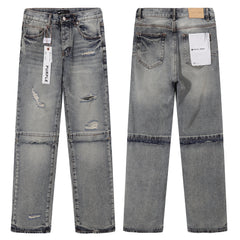 Purple‑Brand Vintage Wash Multi‑Ripped Frayed Seam Patch Wide Leg Jeans