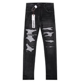 Purple‑Brand Black Washed Big Ripped Repair Patch Straight Leg Jeans