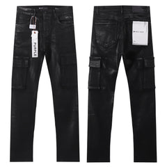 Purple‑Brand Coated Black Cargo Straight Leg Jeans