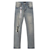 Purple‑Brand Light Faded Multi‑Frayed Ripped Straight Leg Jeans
