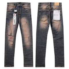 Purple‑Brand Vintage Brown‑Tone Heavy Distressed Frayed Straight Leg Jeans