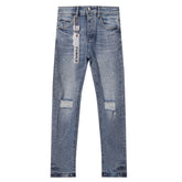 Purple‑Brand Light Wash Full Rhinestone Patch Distressed Straight Leg Jeans