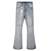 Purple‑Brand Light Blue Washed Frayed Ripped Flare Jeans