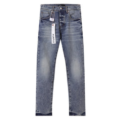 Purple‑Brand Men Light Blue Straight Leg Jeans Crinkle Washed Faded Denim Pants Streetwear Casual Trousers