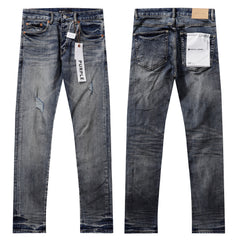 Purple‑Brand Dark Grey‑Blue Scattered Tear Distressed Straight Leg Jeans
