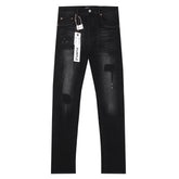 Purple‑Brand Black Repair Patch Splatter Detail Straight Leg Jeans