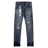 Purple‑Brand Mid‑Blue Distressed Patch Ripped Gradient Hem Straight Leg Jeans