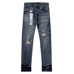 Purple‑Brand Mid‑Blue Distressed Patch Ripped Gradient Hem Straight Leg Jeans