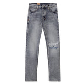 Ksubi Printed Logo Ripped Grey Wash Slim Jeans