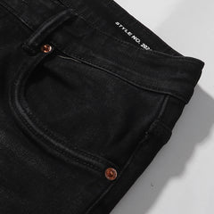 Purple‑Brand Black Repair Patch Splatter Detail Straight Leg Jeans