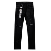Purple‑Brand Black Wash Frayed Rip Paint Splatter Straight Leg Jeans