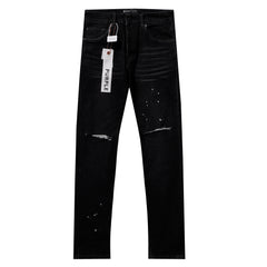 Purple‑Brand Black Wash Frayed Rip Paint Splatter Straight Leg Jeans