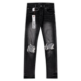 Purple‑Brand Black Faded Heavy Frayed Knee Ripped Straight Leg Jeans
