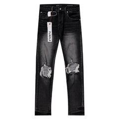Purple‑Brand Black Faded Heavy Frayed Knee Ripped Straight Leg Jeans
