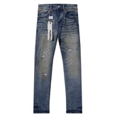 Purple‑Brand Vintage Blue Multi‑Patch Rip Distressed Straight Leg Jeans