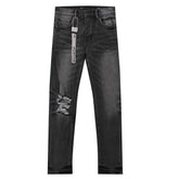 Purple‑Brand Black Grey Washed Multi‑Ripped Patch Straight Leg Jeans