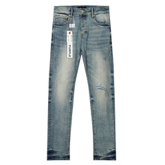 Purple‑Brand Light Blue Wash Knee Rip Straight Leg Jeans