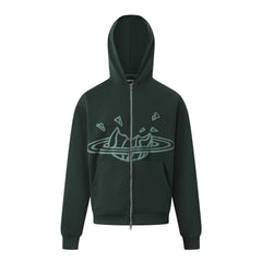 Broken Planet Outline Cracked Planet Forest Green Zip Hoodie