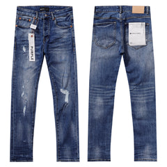 Purple‑Brand Medium‑Blue Multi Frayed Rip Distressed Straight Leg Jeans