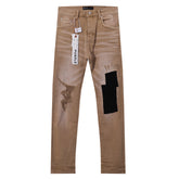 Purple‑Brand Khaki Tan Wash Black Patch Distressed Straight Leg Jeans