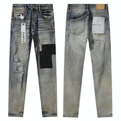 Purple‑Brand Vintage Wash Black Patch Ripped Splatter Straight Leg Jeans