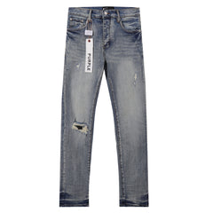 Purple‑Brand Light Vintage Wash Multi‑Ripped Straight Leg Jeans