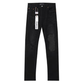 Purple‑Brand Black Wash Multi Frayed Rip Mesh Patch Straight Leg Jeans