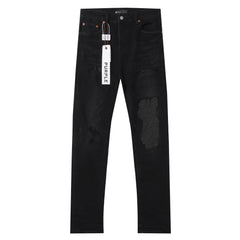 Purple‑Brand Black Wash Multi Frayed Rip Mesh Patch Straight Leg Jeans
