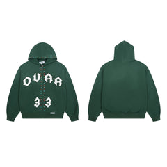 DUAA Gothic Letter 33 Rhinestone Dark Green Zip Up Hoodie