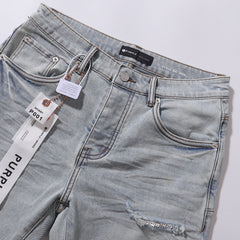 Purple‑Brand Men Light Wash Straight Jeans Sequin Patch Ripped Distressed Denim Pants Streetwear Trousers