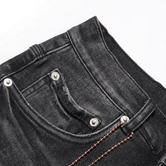 Purple‑Brand Black Grey Heavy Frayed Ripped Straight Leg Jeans