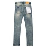 Purple‑Brand Light Blue Wash Knee Rip Straight Leg Jeans