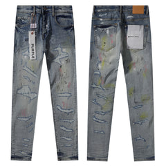 Purple‑Brand Heavy Distressed Ripped Paint Splatter Straight Leg Jeans