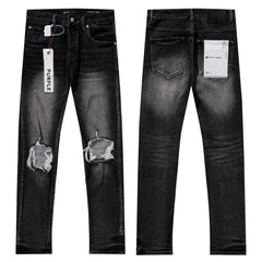 Purple‑Brand Black Faded Heavy Frayed Knee Ripped Straight Leg Jeans