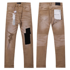 Purple‑Brand Khaki Tan Wash Black Patch Distressed Straight Leg Jeans