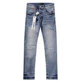 Purple‑Brand Light Blue Multi‑Patch Repair Distressed Straight Leg Jeans