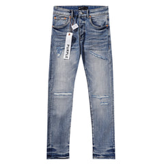 Purple‑Brand Light Blue Multi‑Patch Repair Distressed Straight Leg Jeans