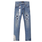 Purple‑Brand Light Wash Multi‑Ripped Patch Straight Jeans