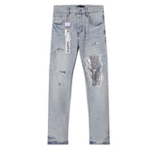 Purple‑Brand Men Light Wash Straight Jeans Sequin Patch Ripped Distressed Denim Pants Streetwear Trousers