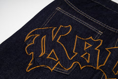 Ksubi Gothic Letter Embroidered Raw Denim Baggy Jeans